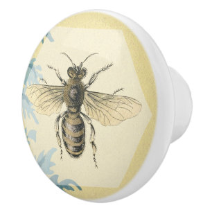 Bouton De Porte En Céramique Feuilles vintages Gold Queen Bee Blue