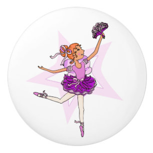 Bouton De Porte En Céramique Fille aux cheveux roux ballerine violet art poigné