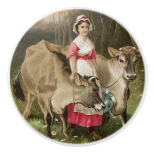 Bouton De Porte En Céramique Fille de ferme vintage et vache