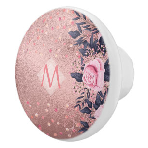 Bouton De Porte En Céramique Fille jamais ROSEGOLD Bleu rose Floral MONOGRAS