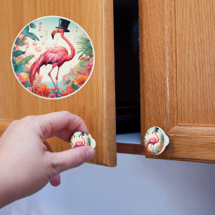 Bouton De Porte En Céramique Flamant Avec Un Haut-De-Forme