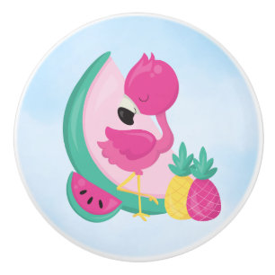 Bouton De Porte En Céramique Flamant rose avec pastèque et ananas