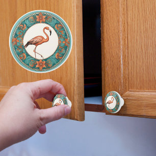 Bouton De Porte En Céramique Flamant rose dans un cadre floral circulaire Turqu
