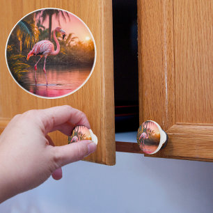 Bouton De Porte En Céramique Flamant rose du coucher de soleil tropical