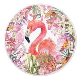 Bouton De Porte En Céramique Flamant rose en Jungle Fleur - Motif d'été