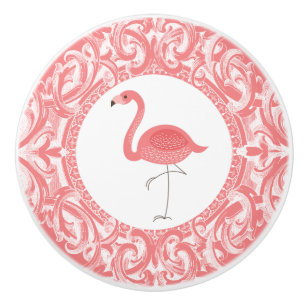 Bouton De Porte En Céramique Flamant rose Rose Avec Ornement Fleurs