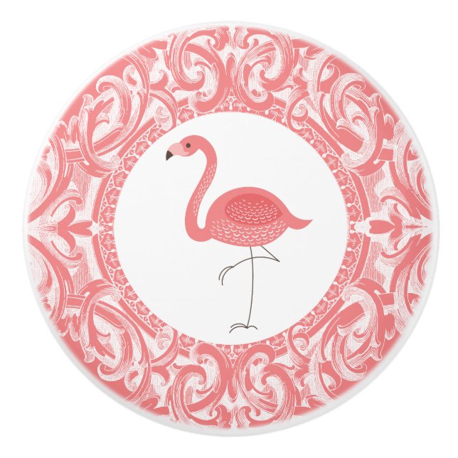 Bouton De Porte En Céramique Flamant rose Rose Avec Ornement Fleurs (Devant)