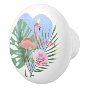 Bouton De Porte En Céramique Flamant rose rose feuille tropicale