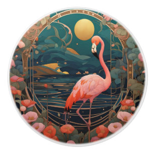 Bouton De Porte En Céramique Flamant rose rose Oiseau Art Nouveau Art Déco