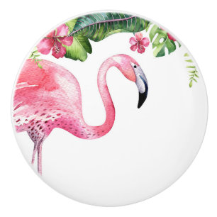 Bouton De Porte En Céramique Flamant Rose Tropical Hibiscus Île Été
