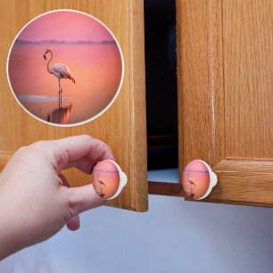 Bouton De Porte En Céramique Flamant Solitaire Coucher de Soleil Tropical