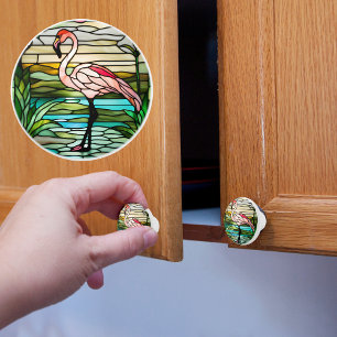 Bouton De Porte En Céramique Flamant Tropical Verre Faux Teinté