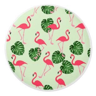 Bouton De Porte En Céramique Flamants roses et Feuille Tropical