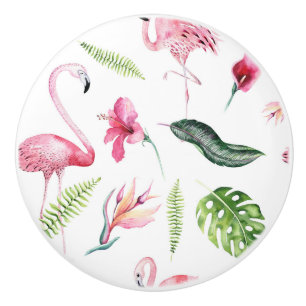 Bouton De Porte En Céramique Flamingo Tropiques Eté Île Chic Hibiscus Rose