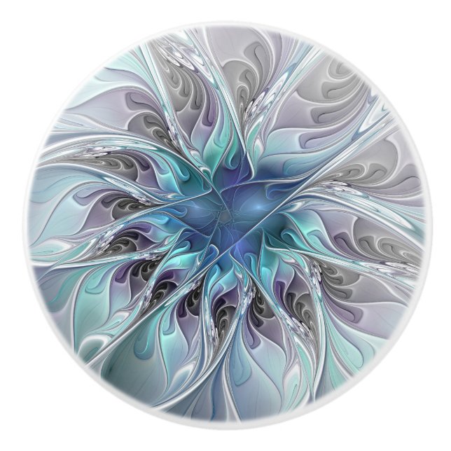 Bouton De Porte En Céramique Fleur Abstraite Fractale Moderne Avec Bleu (Devant)