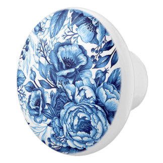 Bouton De Porte En Céramique Fleur bleue et blanche Imprimée Ceramic Knob ronde