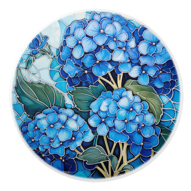 Bouton De Porte En Céramique Fleur Blue Hydrangea (Devant)