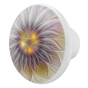 Bouton De Porte En Céramique Fleur colorée lumineuse, fractale moderne abstrait