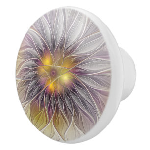 Bouton De Porte En Céramique Fleur colorée lumineuse, fractale moderne abstrait