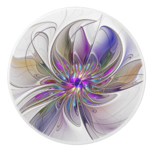 Bouton De Porte En Céramique Fleur d'art fractal abstrait énergique et coloré