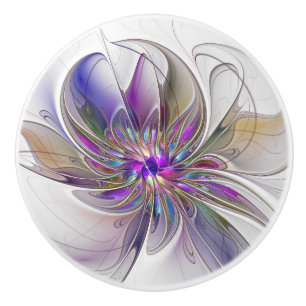 Bouton De Porte En Céramique Fleur d'art fractal abstrait énergique et coloré