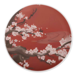 Bouton De Porte En Céramique Fleur de cerisier blanche de style artistique japo