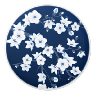 Bouton De Porte En Céramique Fleur de cerisier navale bleu blanc