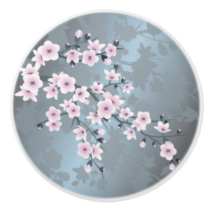 Bouton De Porte En Céramique Fleur de cerisier rose poussiéreux ardoise bleue