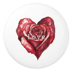 Bouton De Porte En Céramique Fleur de cœur de rose rouge