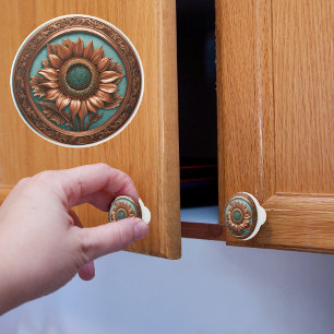 Bouton De Porte En Céramique Fleur de cuivre et de tournesol Turquois