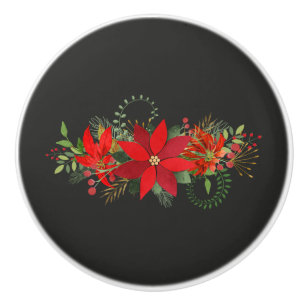 Bouton De Porte En Céramique Fleur de Fête Poinsettia Rouge Blanc Hiver Sombre