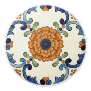 Bouton De Porte En Céramique Fleur de folk country méditerranéen bleu orange