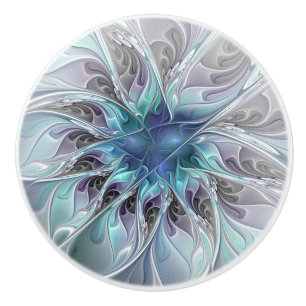 Bouton De Porte En Céramique Fleur de fractale moderne abstraite avec du bleu