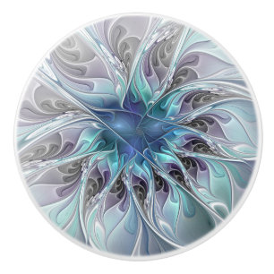 Bouton De Porte En Céramique Fleur de fractale moderne abstraite avec du bleu