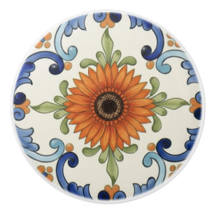 Bouton De Porte En Céramique Fleur de Gerbera Bleu Méditerranéen Crème