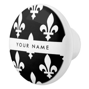 Bouton De Porte En Céramique Fleur de Lis, Blanc sur Noir, Blanc, Votre Nom