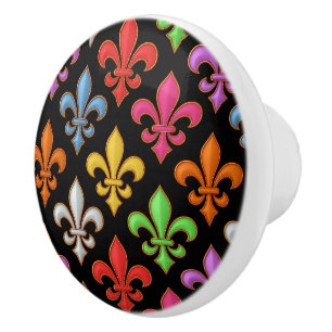 Bouton De Porte En Céramique Fleur-de-lis Fleurs Noires Audacieuses Colorées 