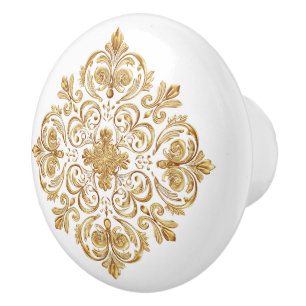 Bouton De Porte En Céramique Fleur de Lis Ornementale Floral Doré