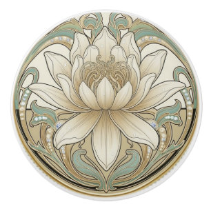 Bouton De Porte En Céramique Fleur de Lotus Crème Verte Or Art Déco Nouveau