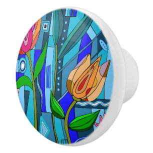 Bouton De Porte En Céramique Fleur de maison Knob art bleu mosaïque rose
