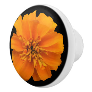 Bouton De Porte En Céramique Fleur de Marigold orange en noir