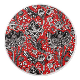 Bouton De Porte En Céramique Fleur de Paisley Floral Noir Rouge & Blanc Bohème 