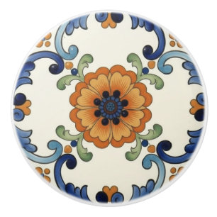 Bouton De Porte En Céramique Fleur de pavot Méditerranée Bleu Orange Crème