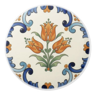 Bouton De Porte En Céramique Fleur de Tulipe Méditerranéenne Bleu Orange Crème