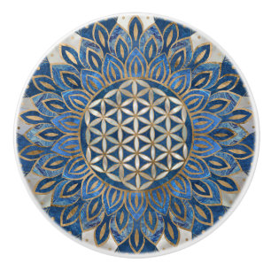 Bouton De Porte En Céramique Fleur de vie à Lotus - Marbre bleu et perle