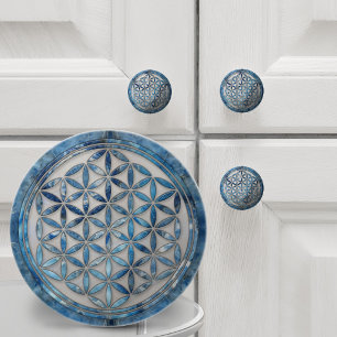Bouton De Porte En Céramique Fleur de Vie Blue Marble et Nacre