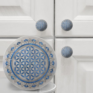 Bouton De Porte En Céramique Fleur de Vie Marbre Bleu et Nacre