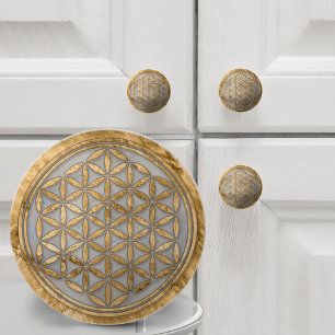 Bouton De Porte En Céramique Fleur de Vie Or et Nacre