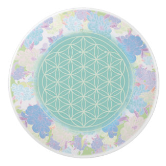 Bouton De Porte En Céramique fleur de vie verte,