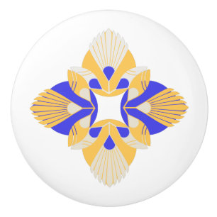 Bouton De Porte En Céramique Fleur ethnique orange jaune et bleu
